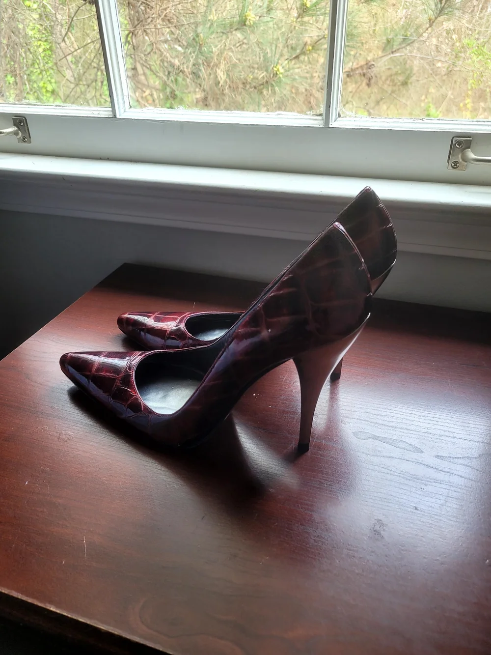 Stuart Weitzman Women's Burgundy Croc Patent Pointed-Toe Pumps